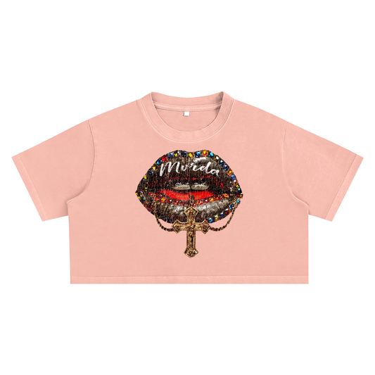 Mvrda “Diamonds lips” Snow Washed Crop Top